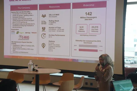 Noormah Mohd Noor of Express Rail Link presenting beside a slide of KLIA Ekspres facts and ridership figures
