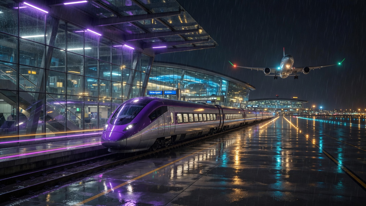 Airport express train at a rain-lit terminal as an aircraft lands