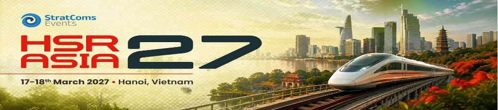 HSR Asia 27 conference banner: a high-speed train beside a city skyline, captioned 17–18th March 2027, Hanoi, Vietnam