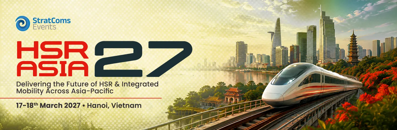 HSR Asia 27 conference banner: a high-speed train beside the Hanoi skyline, captioned 17–18th March 2027, Hanoi, Vietnam
