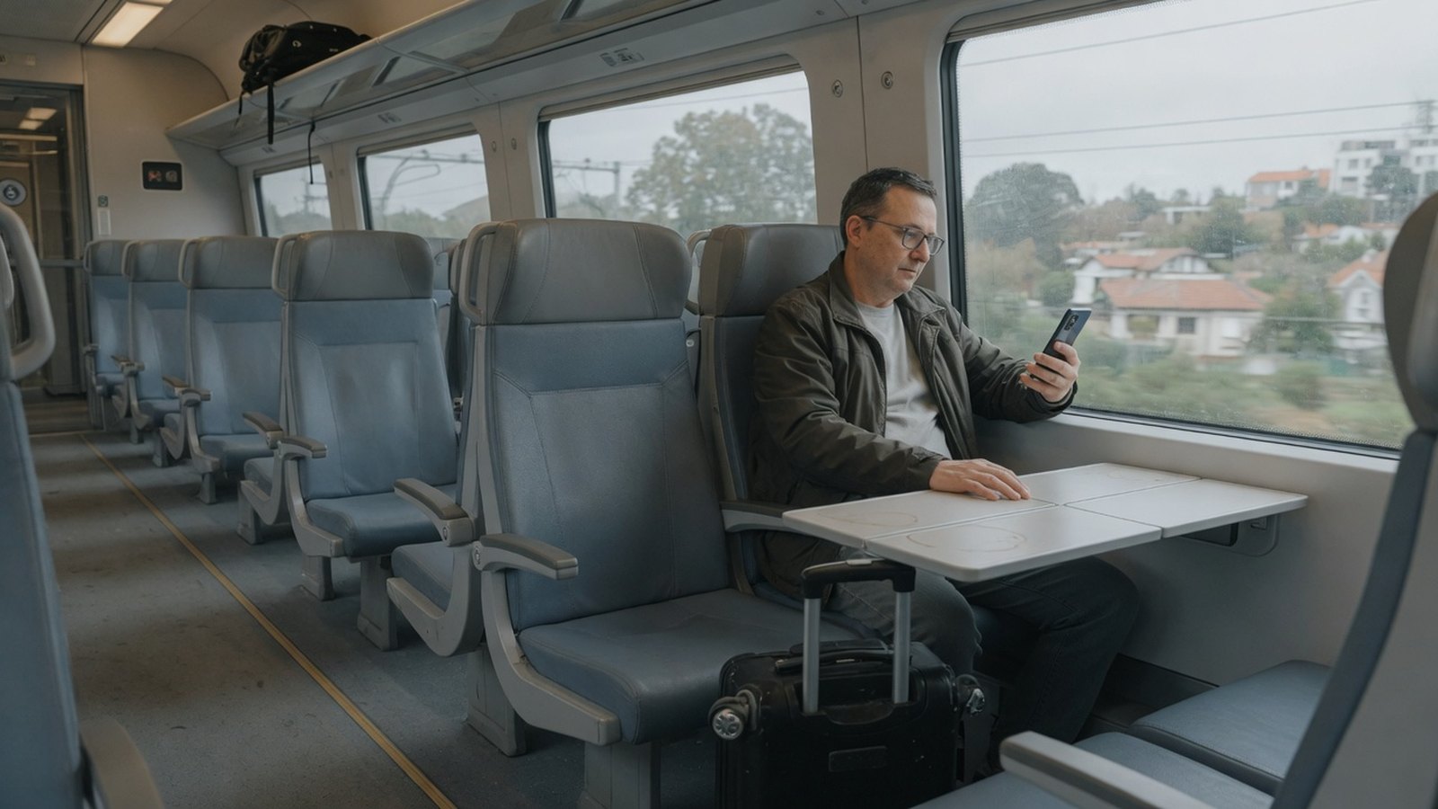 A passenger on a train looking at a phone