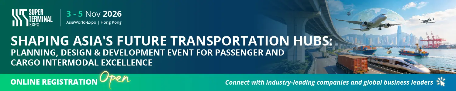 Super Terminal Expo banner: an aircraft, a container ship and a high-speed train at a Hong Kong intermodal hub, captioned 3–5 Nov 2026, AsiaWorld-Expo, Hong Kong